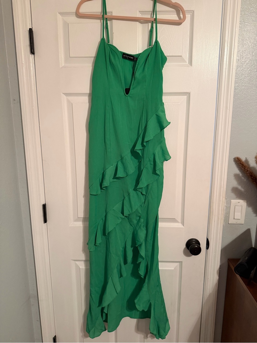 PrettyLittleThing Emerald Green Ruffle Maxi Dress with Spaghetti Straps